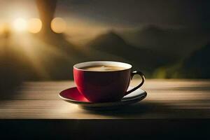 uma vermelho copo do café em uma de madeira mesa. gerado por IA foto