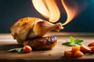 uma frango é ser cozinhou em uma de madeira corte borda. gerado por IA foto