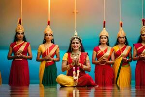 uma grupo do mulheres dentro tradicional indiano traje. gerado por IA foto