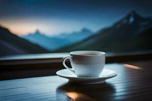 uma copo do café em uma mesa dentro frente do montanhas. gerado por IA foto