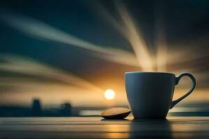 café xícara, a sol, nascer do sol, a cidade, hd papel de parede. gerado por IA foto