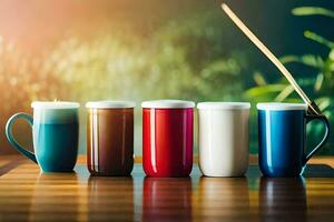 cinco diferente colori copos em uma de madeira mesa. gerado por IA foto