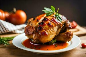 uma frango com molho e tomates em uma placa. gerado por IA foto