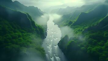 montanha e rio tiro através a céu dentro uma nublado tropical meio Ambiente ai gerado foto