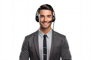 retrato sorridente ligar Centro homem de negocios com fone de ouvido isolado em branco fundo ai gerado foto