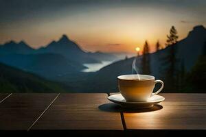 café copo em a mesa com montanhas dentro a fundo. gerado por IA foto