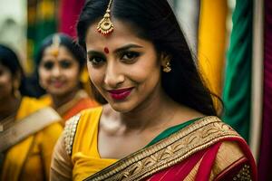 uma mulher dentro uma sari com uma vermelho e amarelo sári. gerado por IA foto
