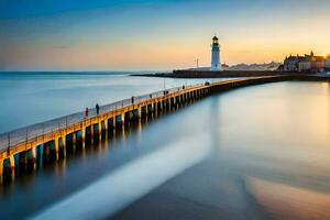 uma grandes exposição fotografia do uma farol às pôr do sol. gerado por IA foto