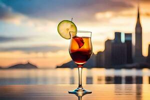 uma vidro do vinho com a maçã em a mesa dentro frente do uma cidade Horizonte. gerado por IA foto