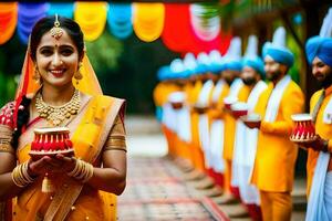 uma mulher dentro tradicional indiano vestir segurando uma pequeno objeto. gerado por IA foto