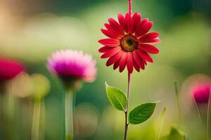 uma vermelho flor é em pé dentro a meio do uma campo. gerado por IA foto