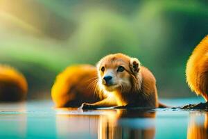 dois pequeno animais estão em pé dentro a água. gerado por IA foto