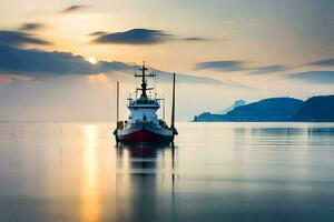 uma barco é Navegando dentro a oceano às pôr do sol. gerado por IA foto