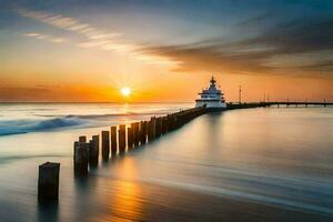 uma farol às a fim do uma cais às pôr do sol. gerado por IA foto