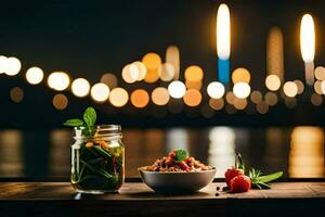 Comida dentro uma jarra e uma tigela com uma cereja em a mesa dentro frente do a cidade luzes. gerado por IA foto