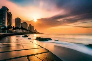 a Sol conjuntos sobre a oceano e edifícios dentro a fundo. gerado por IA foto