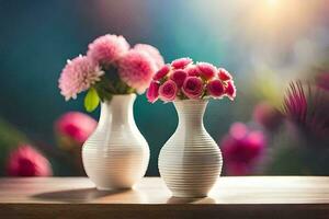 dois vasos com Rosa flores em uma mesa. gerado por IA foto