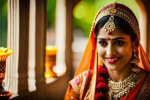 uma lindo indiano noiva sorridente dentro dela tradicional traje. gerado por IA foto