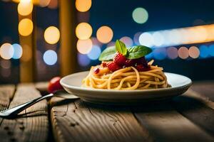 espaguete com tomate molho e manjericão em uma prato em uma de madeira mesa. gerado por IA foto