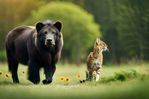 uma Castanho Urso e uma guepardo andar dentro a grama. gerado por IA foto