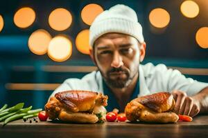 uma homem dentro uma chefe de cozinha chapéu é segurando uma frango. gerado por IA foto