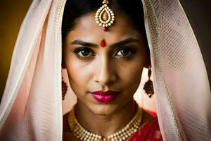 uma lindo indiano mulher vestindo uma tradicional nupcial roupa. gerado por IA foto