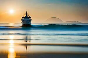 uma barco é Navegando em a oceano às pôr do sol. gerado por IA foto