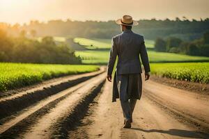 uma homem dentro uma terno e chapéu caminhando baixa uma sujeira estrada. gerado por IA foto