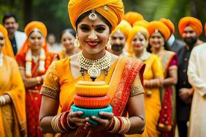 uma mulher dentro a indiano Casamento vestir segurando uma tigela. gerado por IA foto