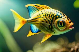 uma peixe com uma amarelo e Preto corpo é natação. gerado por IA foto