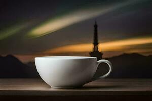 uma copo do café em uma mesa com a eiffel torre dentro a fundo. gerado por IA foto
