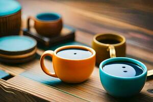 colorida copos do café em uma de madeira mesa. gerado por IA foto