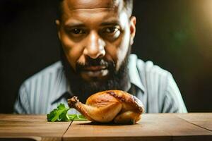 uma homem com uma barba e uma barba sentado dentro frente do uma frango. gerado por IA foto