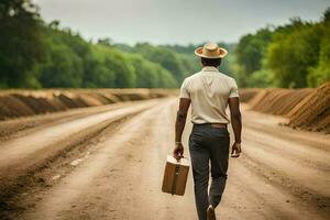 uma homem dentro uma chapéu e camisa é caminhando baixa uma sujeira estrada. gerado por IA foto