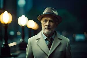 a Mais velho homem vestindo uma chapéu e casaco em pé dentro frente do rua luzes. gerado por IA foto