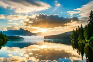 uma lindo nascer do sol sobre uma lago com árvores e montanhas. gerado por IA foto