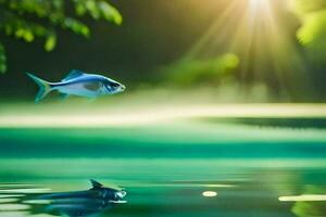 uma peixe é flutuando dentro a água com luz solar brilhando em isto. gerado por IA foto