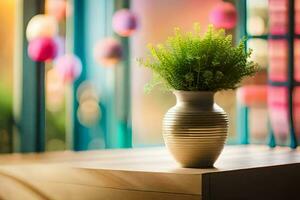 uma vaso com uma verde plantar sentado em uma mesa. gerado por IA foto