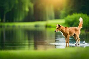 uma cachorro em pé dentro a água às pôr do sol. gerado por IA foto