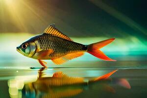 uma peixe é em pé em a água com a Sol brilhando. gerado por IA foto