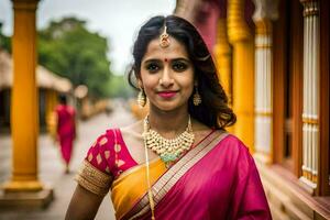 uma lindo indiano mulher dentro uma Rosa sári. gerado por IA foto