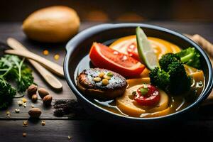 uma tigela do sopa com legumes e eu no. gerado por IA foto