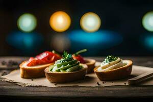 três pequeno aperitivos em uma de madeira mesa. gerado por IA foto