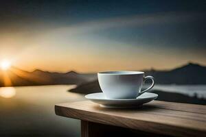 café copo em a sacada, lago, montanhas, nascer do sol, hd papel de parede. gerado por IA foto