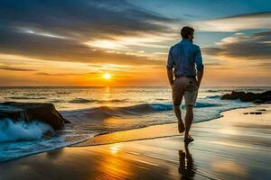 uma homem caminhando em a de praia às pôr do sol. gerado por IA foto