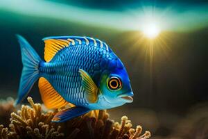 uma azul e amarelo peixe é em pé em topo do a embaixo da agua coral. gerado por IA foto