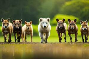 uma grupo do cachorros corrida dentro a campo. gerado por IA foto