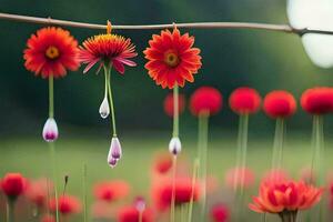 vermelho flores suspensão a partir de uma fio com gotas do água. gerado por IA foto