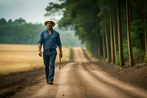 uma homem dentro uma chapéu anda em baixa uma sujeira estrada. gerado por IA foto