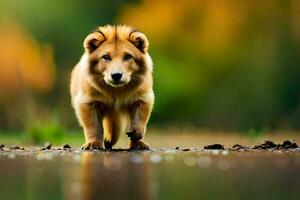 uma cachorro caminhando em a terra perto uma lago. gerado por IA foto